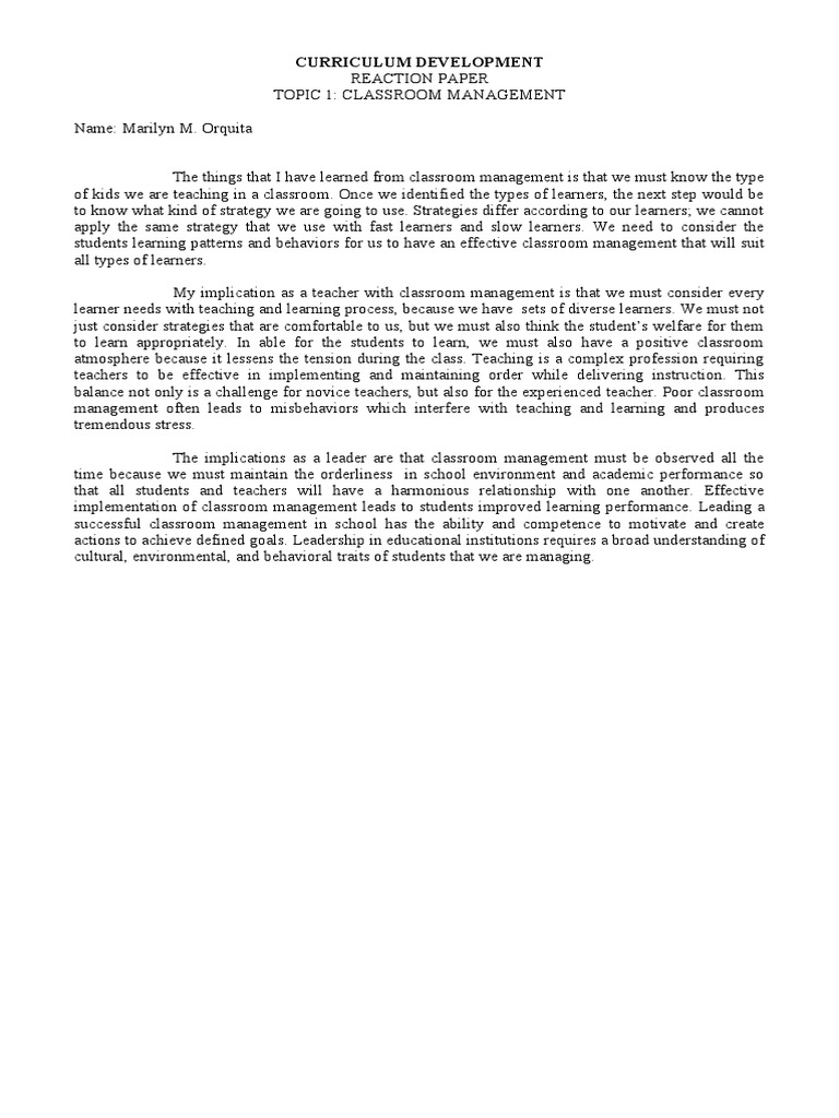 Reaction Paper 1 Classroom Management PDF