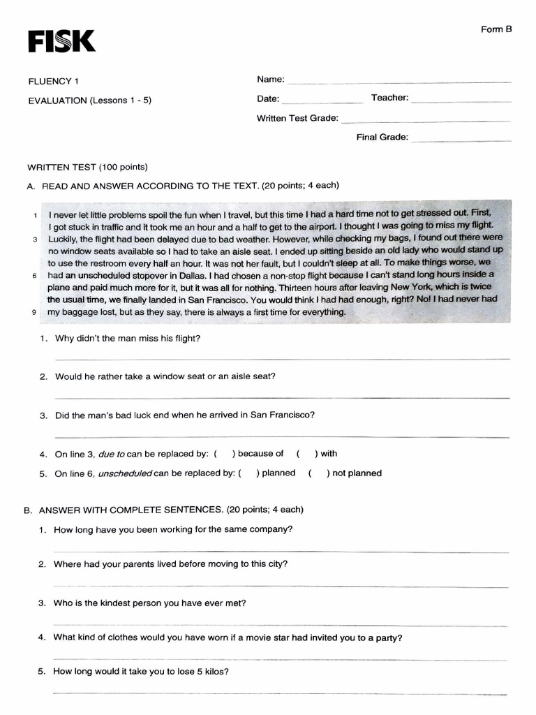 Fluency 1 Written Test Evaluation | PDF