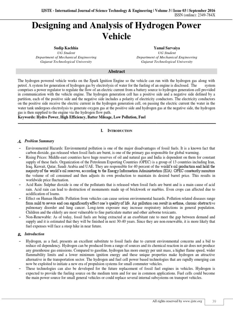 Designing and Analysis of Hydrogen Power Vehicle | PDF | Internal ...
