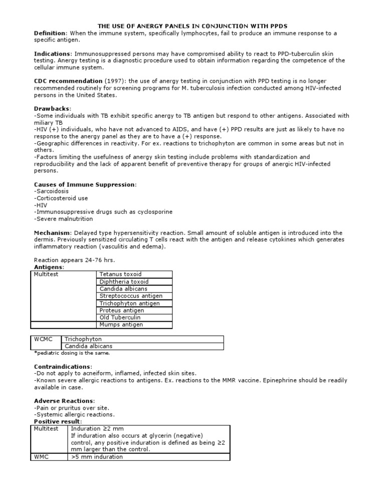 Anergy Panels and PPD Testing Overview | PDF | Immunology | Medical ...