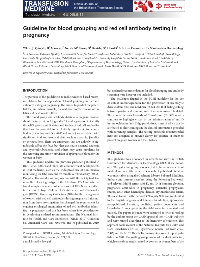 Guideline For Blood Grouping and Red Cell Antibody Testing in Pregnancy