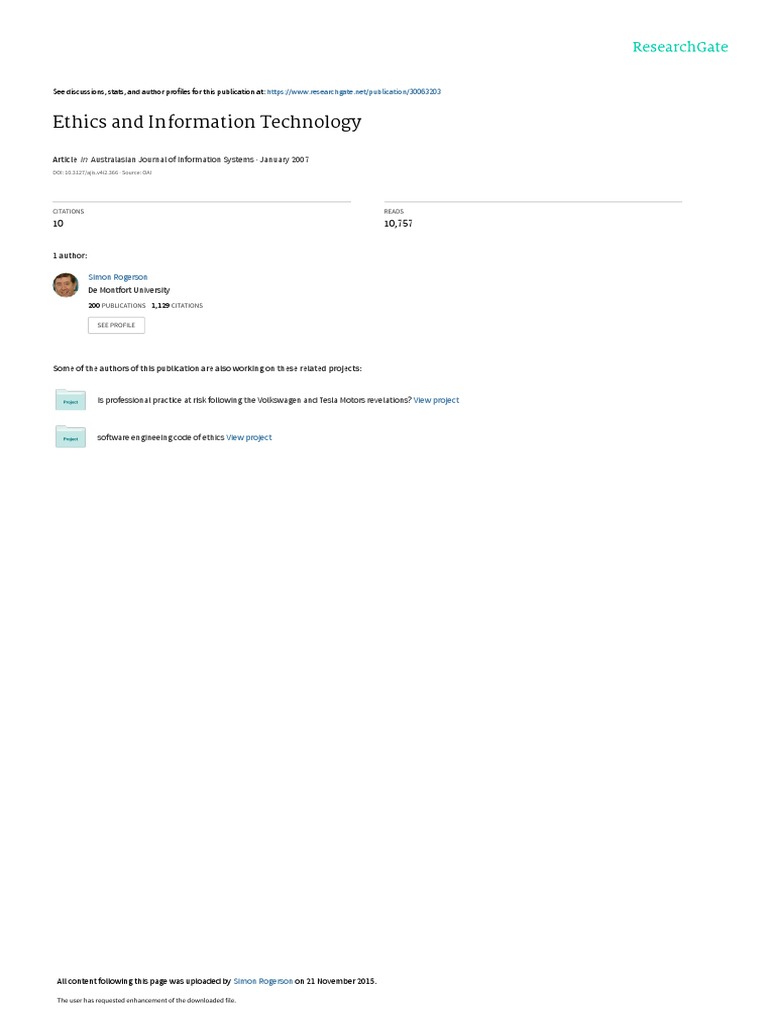 Ethics And Information Technology Pdf Applied Ethics Social