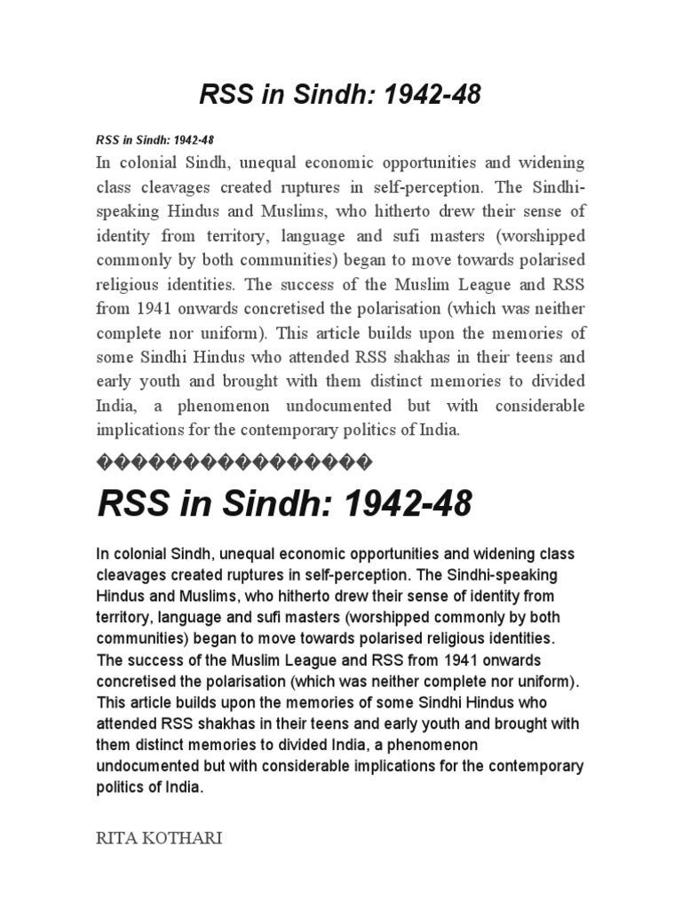 RSS in Sindh: 1942-48 | PDF | Partition Of India | Sindh