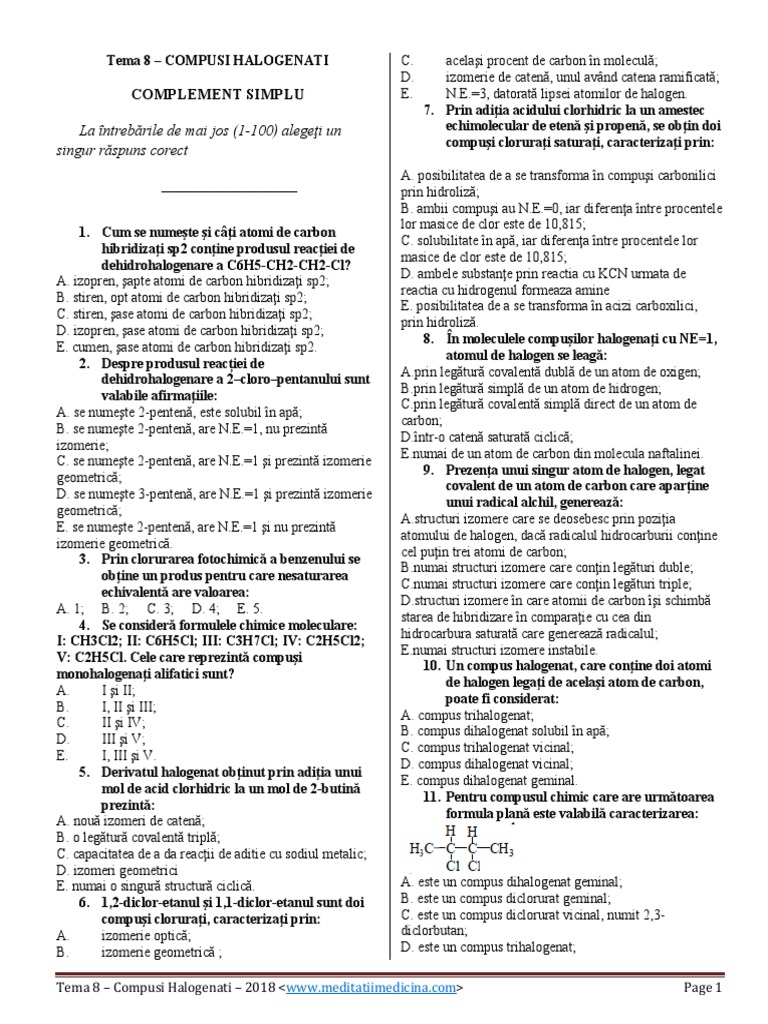 Tema 8 Compusi Halogenati Fara Raspunsuri 2018pdf | PDF