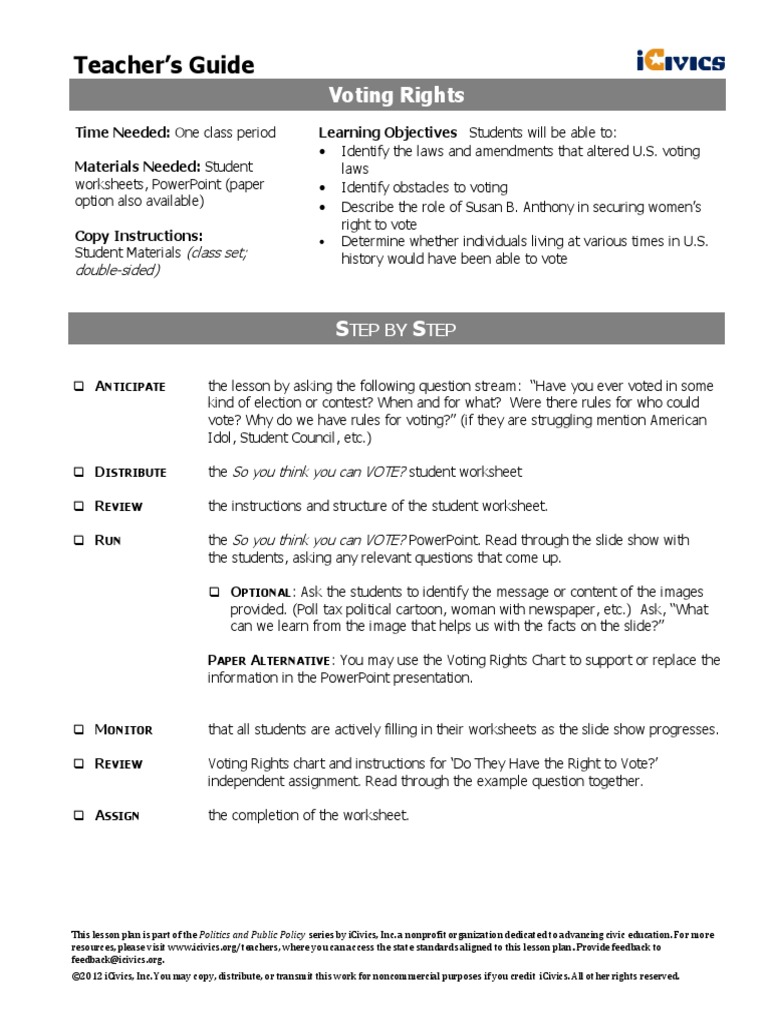 Teacher's Guide: Voting Rights | PDF | Voting Rights In The United States |  Fifteenth Amendment To The United States Constitution, image size:768x1024