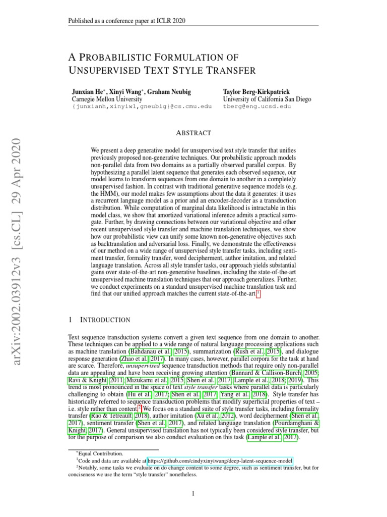 A Probabilistic Formulation of Unsupervised Text Style Transfer | PDF ...