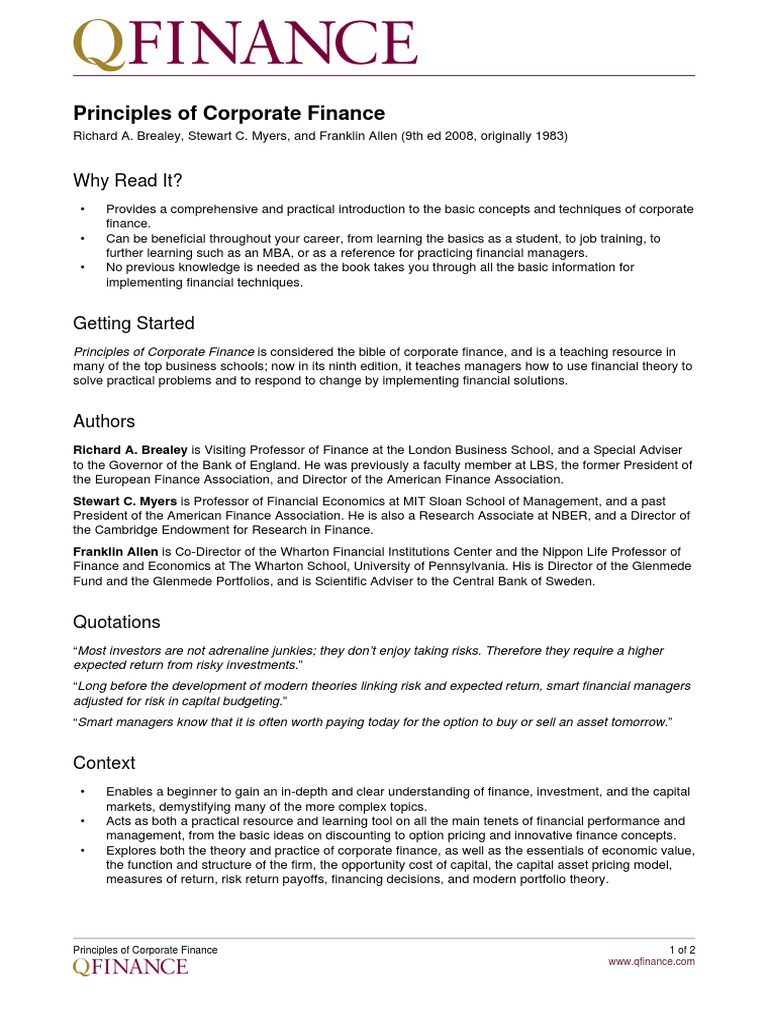 Overview of Corporate Finance Principles | PDF | Option (Finance) | Risk