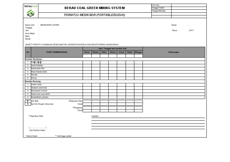 Form P2 Mesin Bor Listrik Berau Coal | PDF