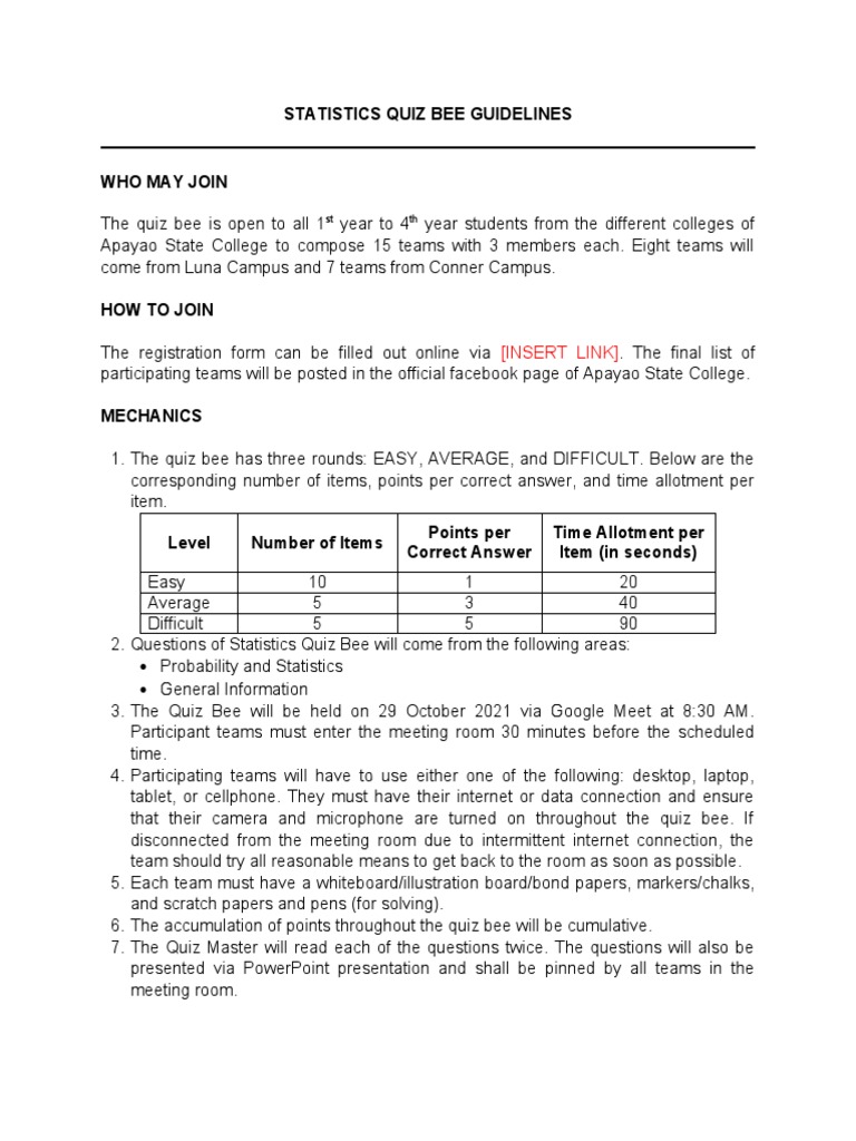 Statistics Quiz Bee Guidelines 2021 | PDF | Career & Growth | Games ...