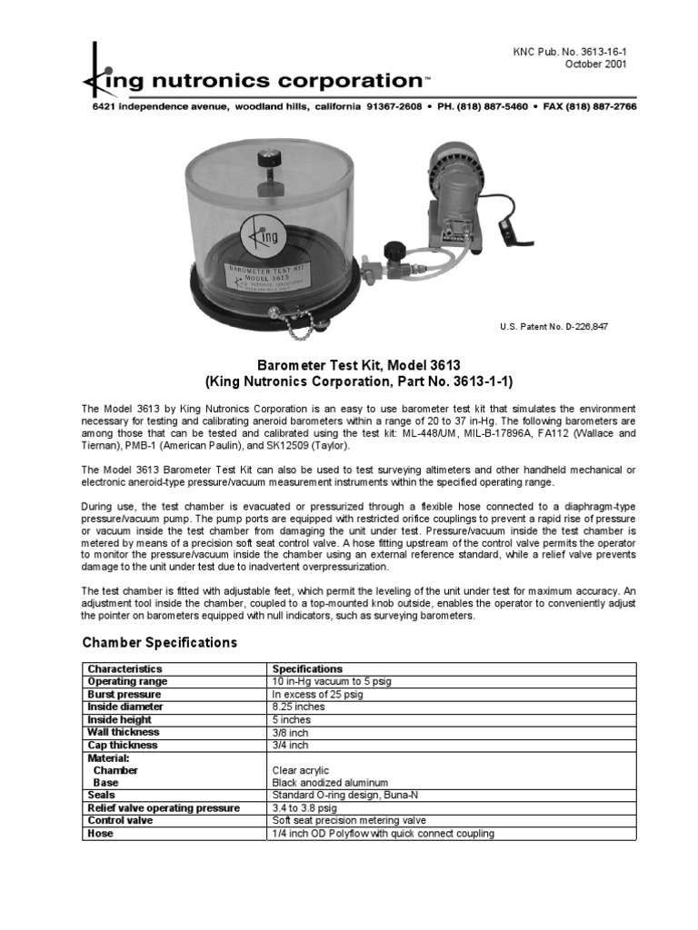 Barometer Test Kit, Model 3613 (King Nutronics Corporation, Part No
