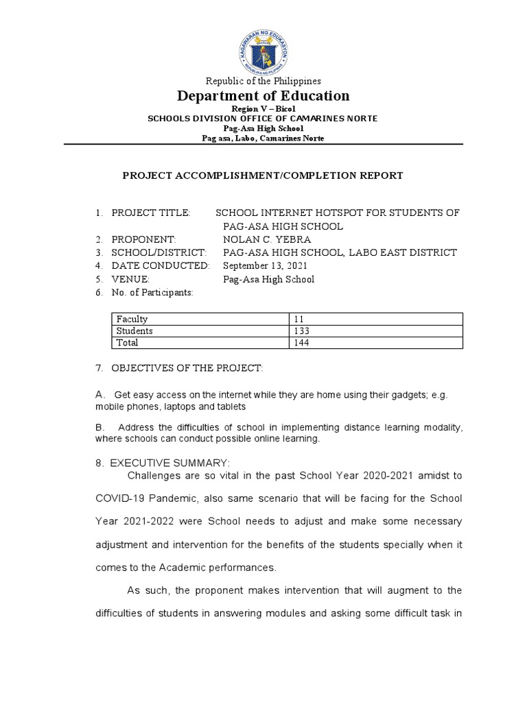 Department of Education: Project Accomplishment/Completion Report | PDF ...