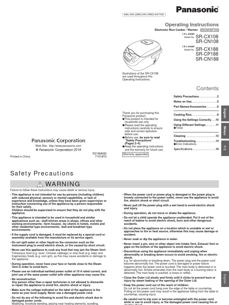 SRCX108 SRCN108 SRCN188 Panasonic Rice Cooker Manual PDF