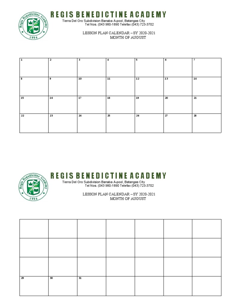 Lesson Plan Calendar Template For Peac | PDF