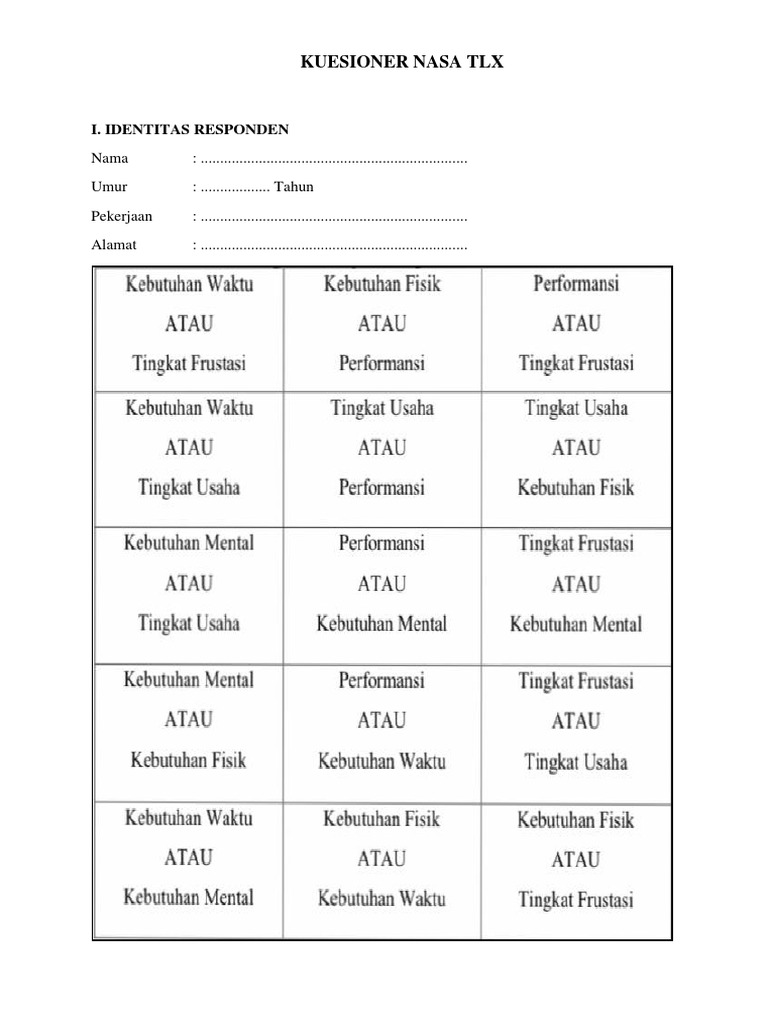 Kuesioner NASA TLX untuk Penilaian Kerja | PDF