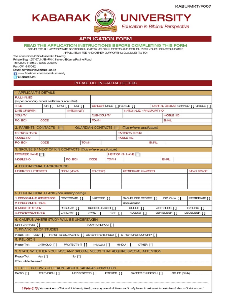 Kabarak University Application Form | PDF | Postgraduate Education | Banks
