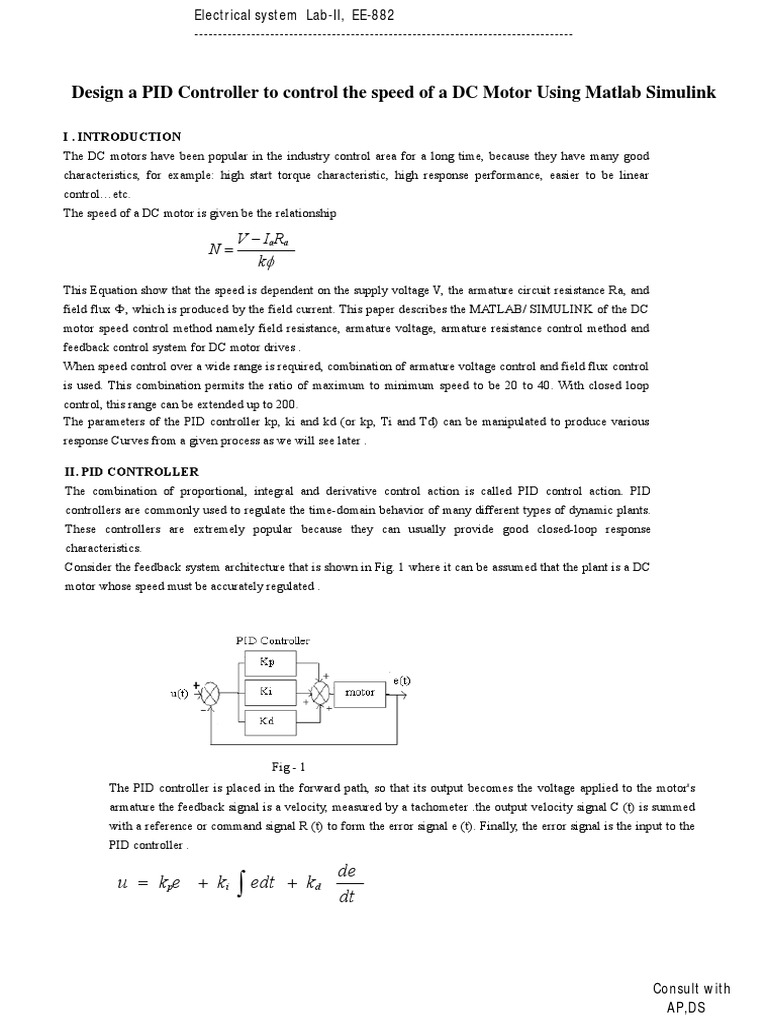 Design of PID CONTROLLER PDF Electric Motor Control Theory