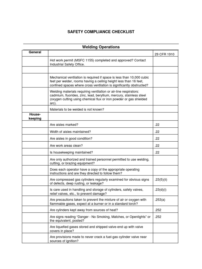 Safety Compliance Checklist General PDF Welding Construction