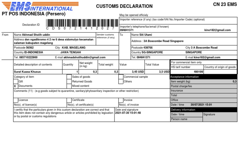 Sender Customs Reference (If Any) : Acceptance Information | PDF ...
