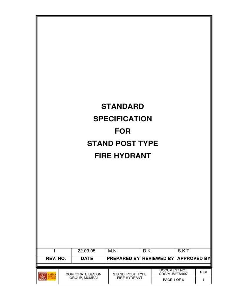 Data Sheet and Tech Specifications Stand Post Type Fire Hydrant PDF