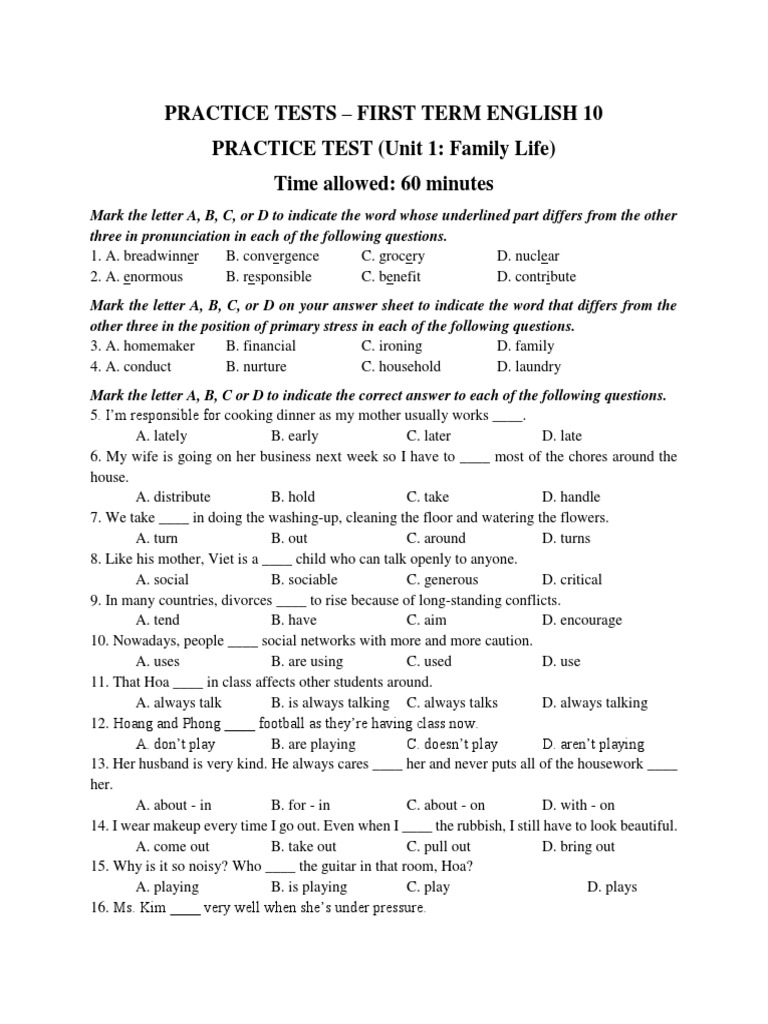 Practice Tests - First Term English 10 PRACTICE TEST (Unit 1: Family ...