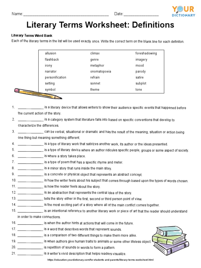 Literary Terms Worksheet: Definitions: Name: Date PDF Poetry