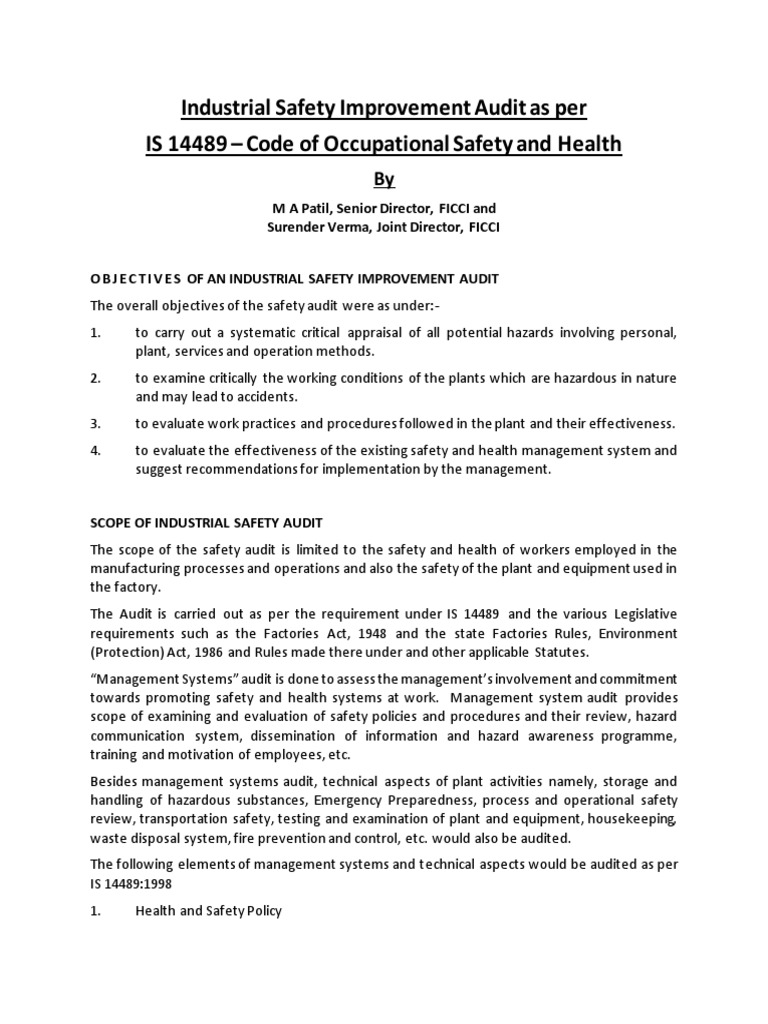 Industrial Safety Improvement Audit As Per IS 14489 Code of