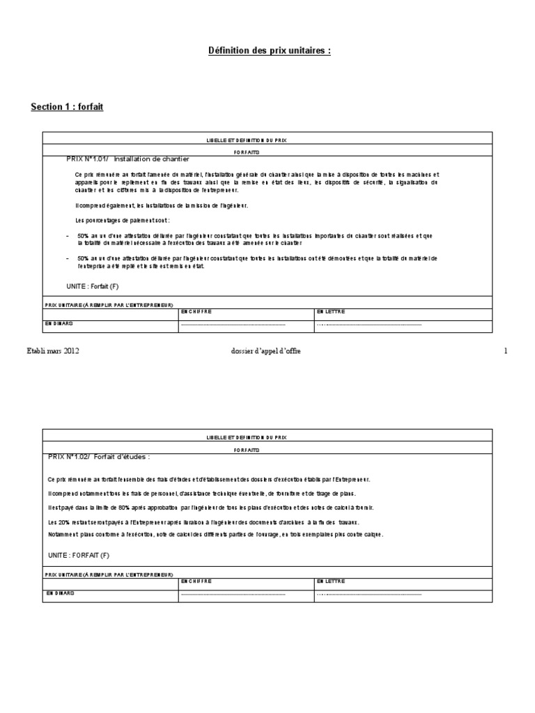 Définition des Prix Unitaires et Forfaits | PDF | Béton | Pont