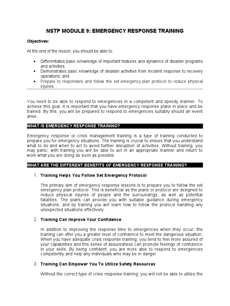NSTP Module 9 Emergency Response Training Objectives PDF Emergency Emergency Management