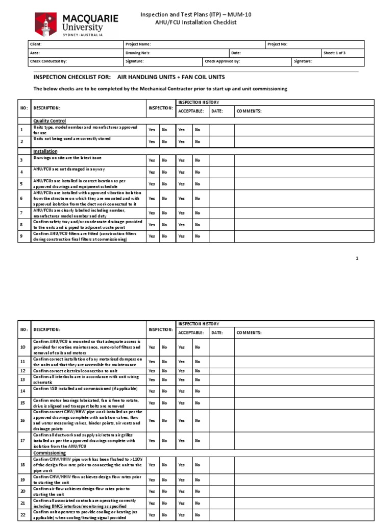 Inspection Checklist For Air Handling Units + Fan Coil Units PDF