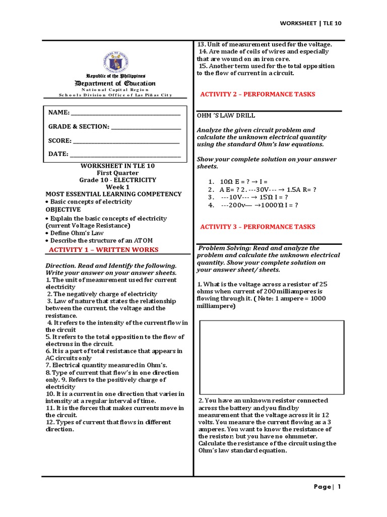 TLE 10 Electricity Worksheet | PDF | Volt | Electrical Network