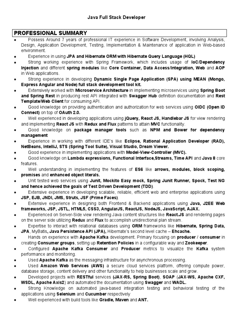 Professional Summary: Java Full Stack Developer | PDF | Angular Js ...