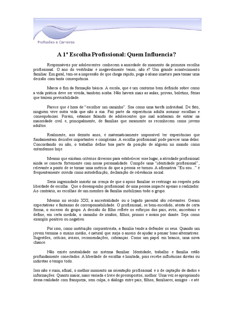 Influências na Escolha Profissional Adolescente | PDF | Família ...
