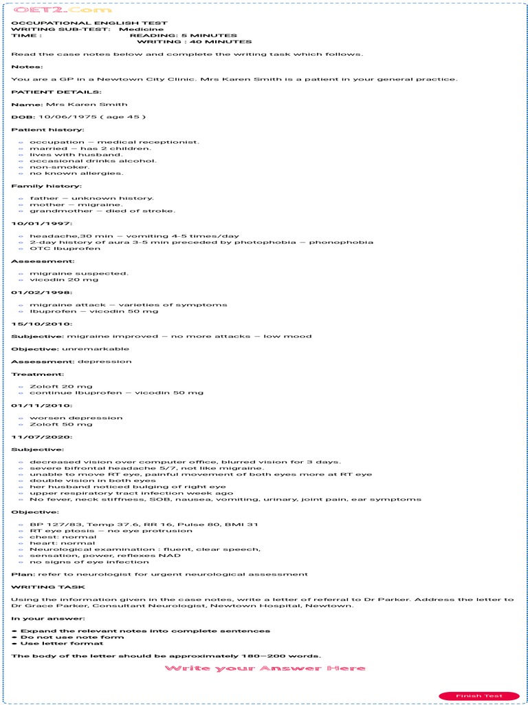 OET Writing Task: Referral Letter Sample | PDF | Migraine | Headache