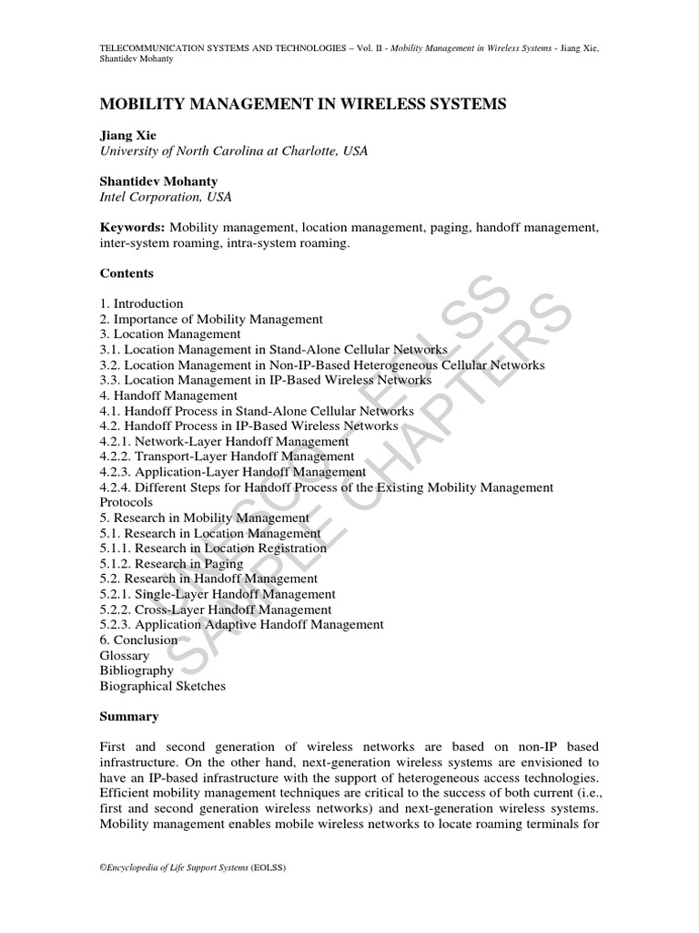Unesco - Eolss Sample Chapters: Mobility Management in Wireless Systems ...