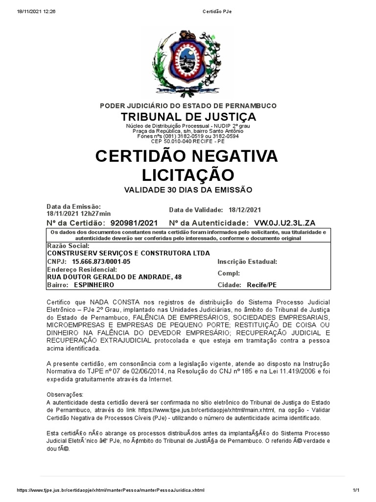 Certidão Negativa de Falência ou Recuperação Judicial para a ...
