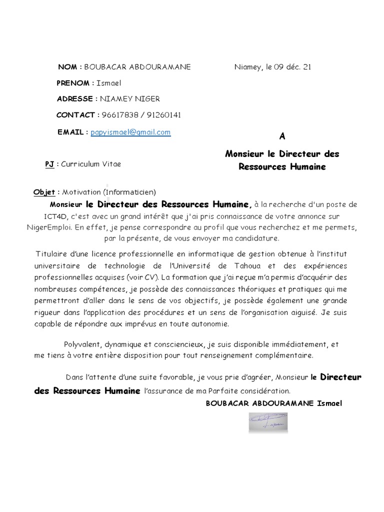 Je Reste A Votre Entiere Disposition Pour Tout Renseignement Complementaire Motivation Ismael ROB | PDF