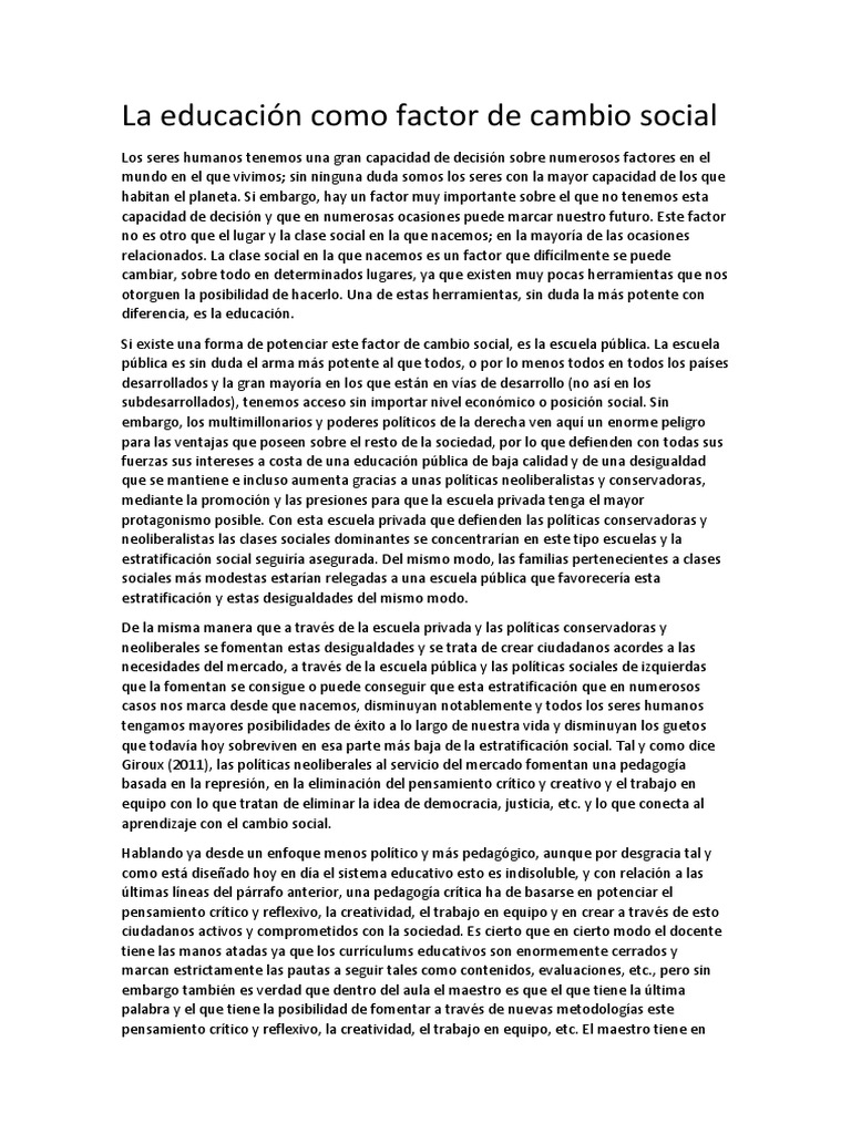 La Educación Como Factor de Cambio Social | PDF | Desigualdad social ...