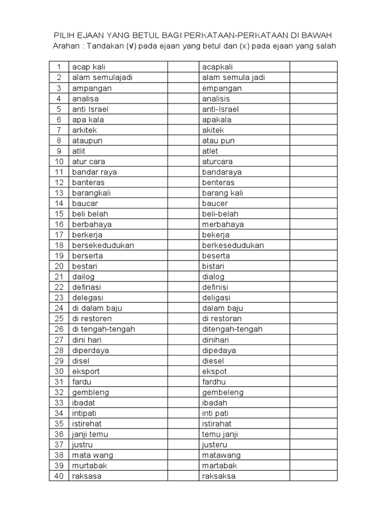 Pilih Ejaan Yang Betul Bagi Perkataan Pdf