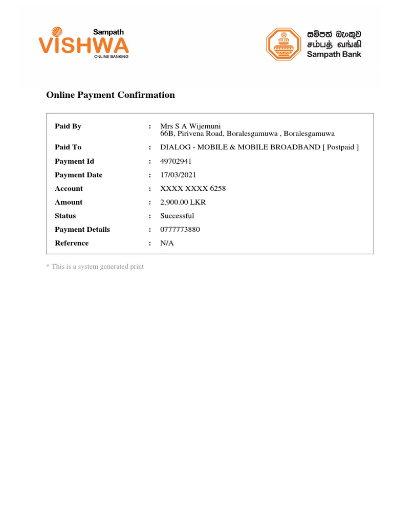Online Payment Confirmation - Dialog Postpaid | PDF