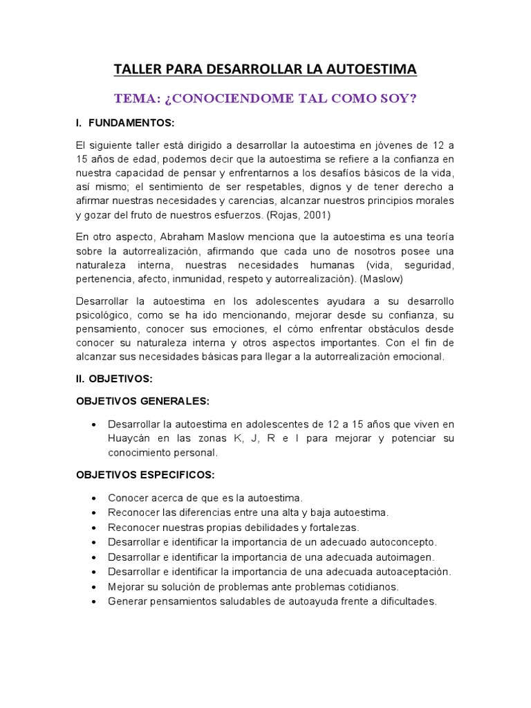 Taller de Autoestima para Adolescentes | PDF | Autoestima | La ...