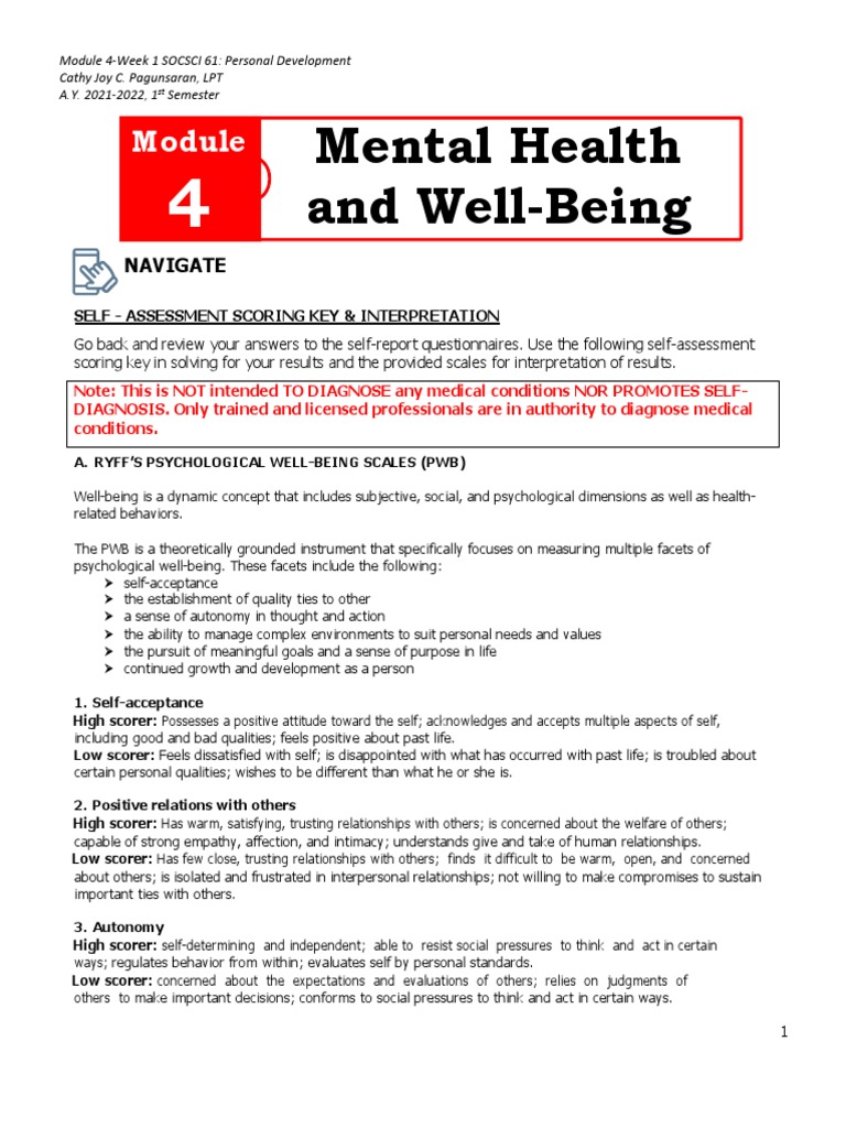 Self Report Questionnaire Scoring Key Interpretation Module 4 Mental ...