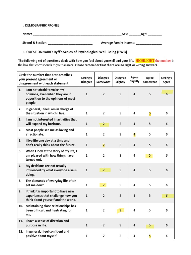 Ryff's Psychological Well-Being Scale | PDF | Psychology ...