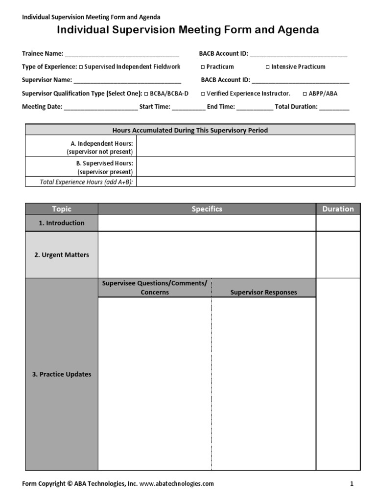 Individual Supervision Meeting Form and Agenda PDF Goal Cognition