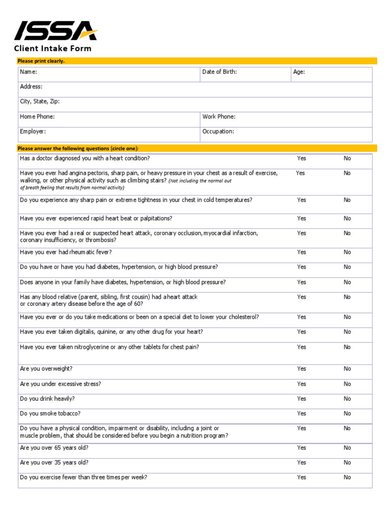 Client Intake Form: Please Print Clearly | PDF | Myocardial Infarction ...
