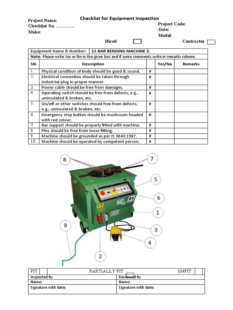 Checklist For Equipment Inspection Bar Bending Machine PDF
