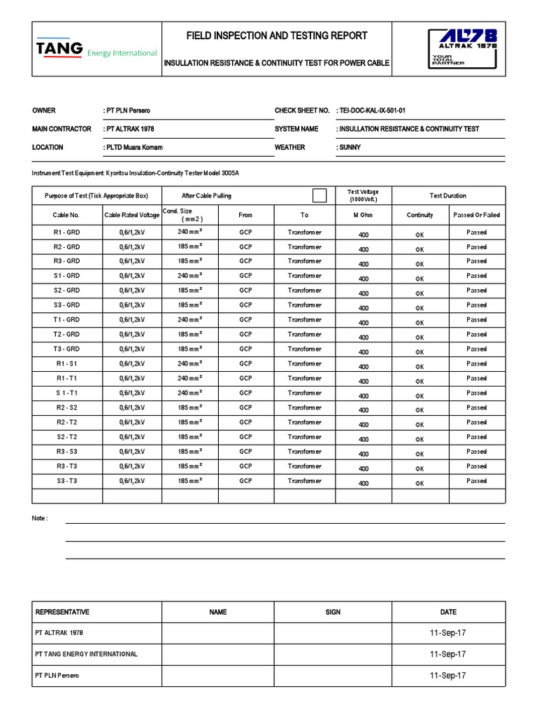 Insulation Resistance and Continuity Testing Report for Power Cable