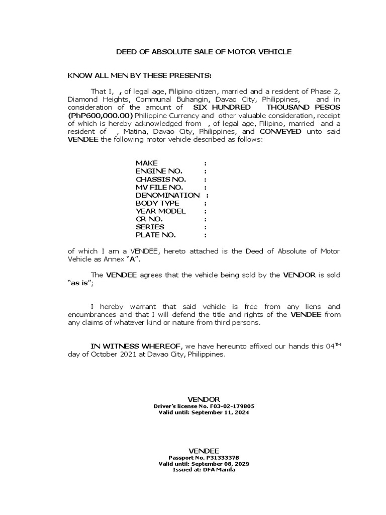 Deed of Absolute Sale: Motor Vehicle | PDF | Philippines | …