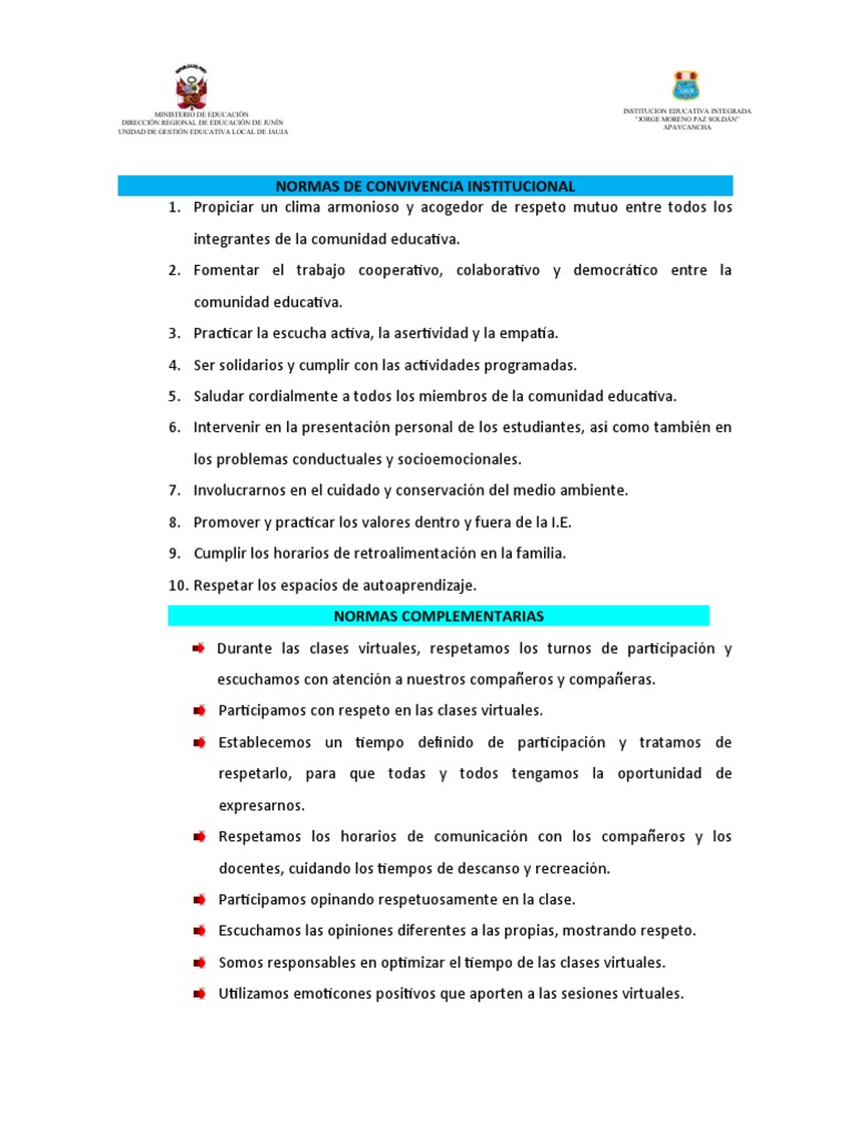 Normas de Convivencia Institucional | PDF | Salud y bienestar