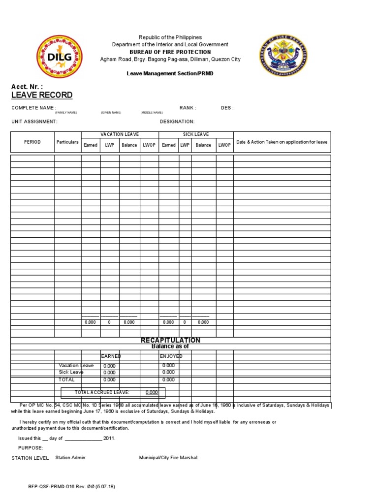 BFP Leave Record and Management Form | PDF | Emergency Services ...