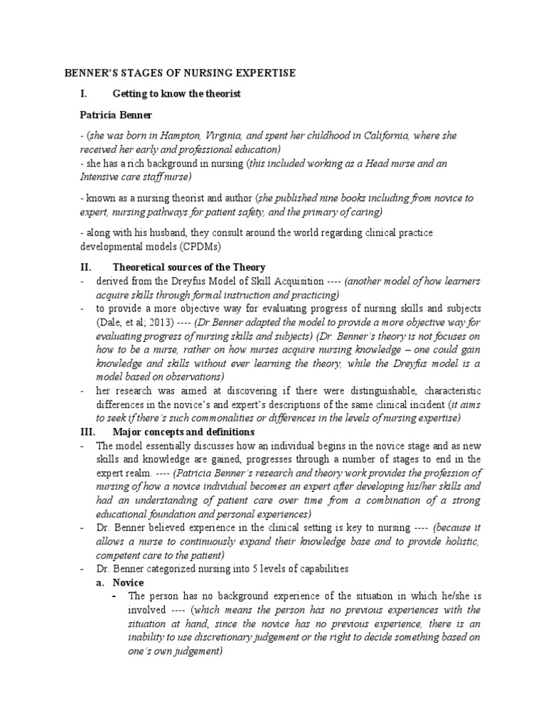 Benner'S Stages of Nursing Expertise I. Getting To Know The Theorist